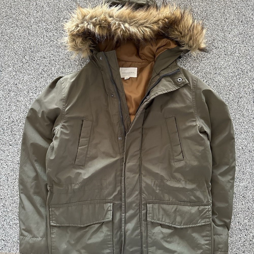Aeropostale Jacket Womens S Military Green Parka Faux Fur Trim Winter Coat